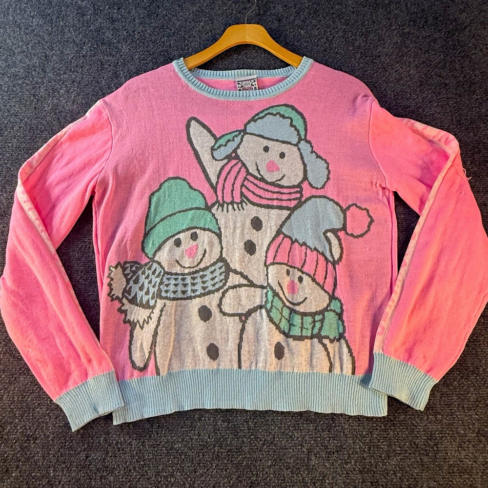 Well Worn Holiday Sweater Womens M Pink Snowman Family Christmas Pullover